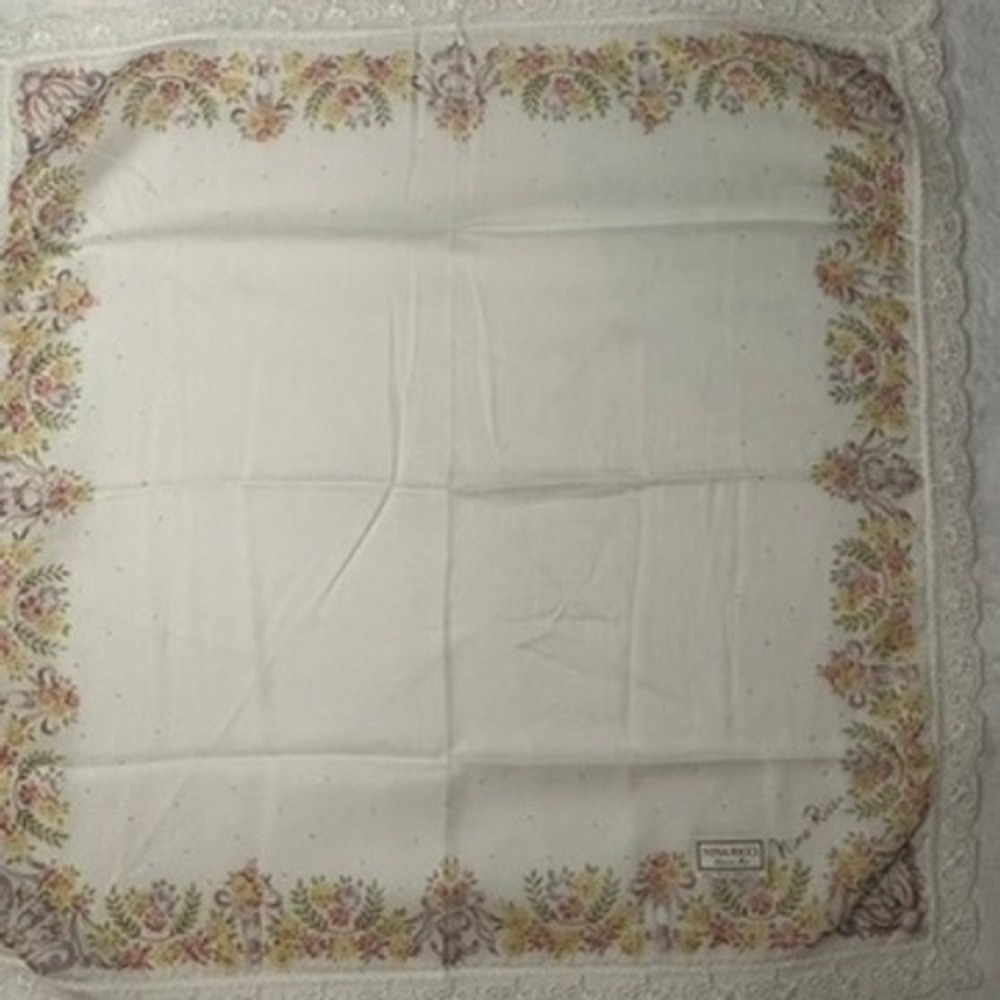 Vtg NINA RICCI Scarf Handkerchief Floral Lace Cotton White 17"